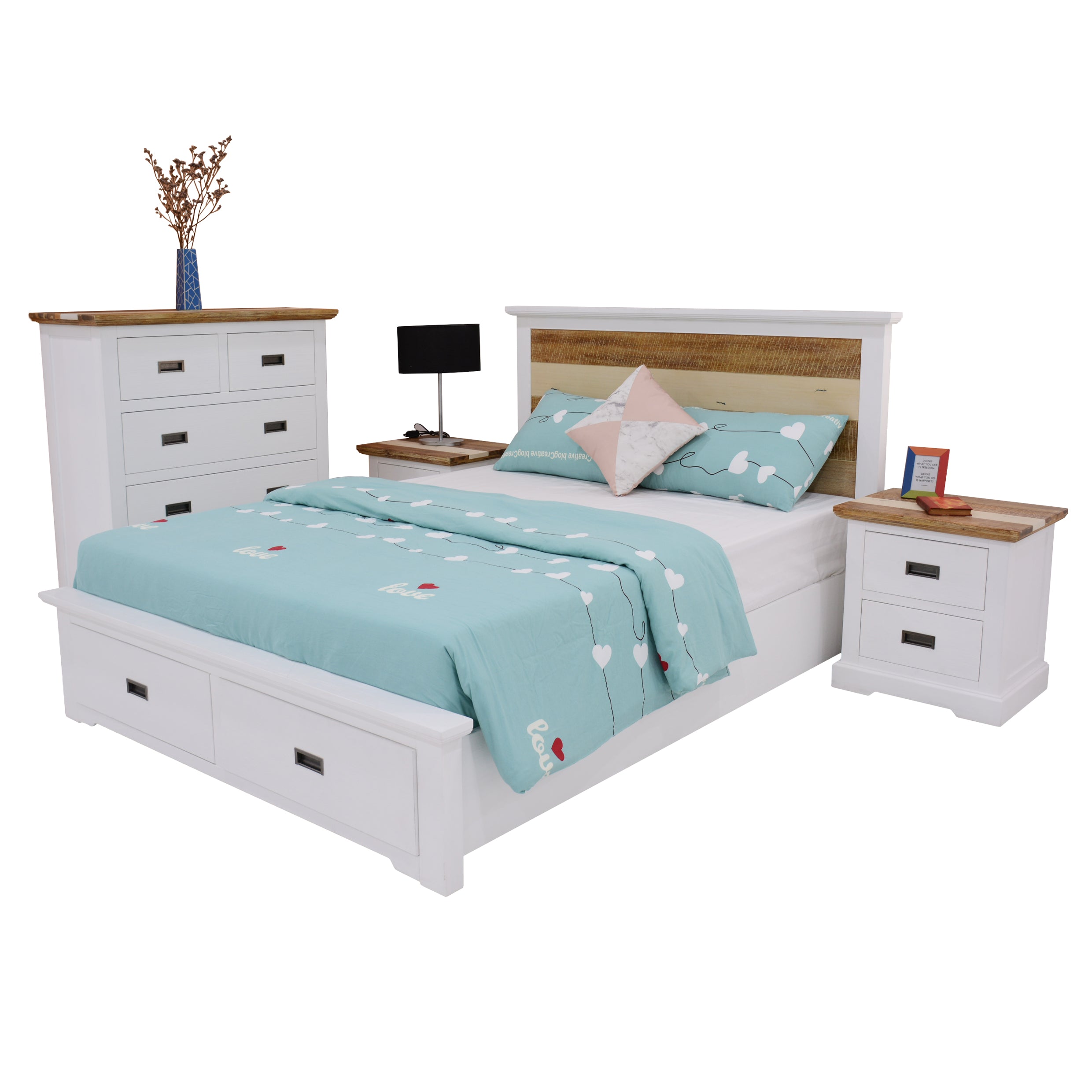 Out of Stock! Queen Size 4pc Bedroom Furniture Package Incl Bed Frame Two Bedside Tables, Tallboy -Multi Color