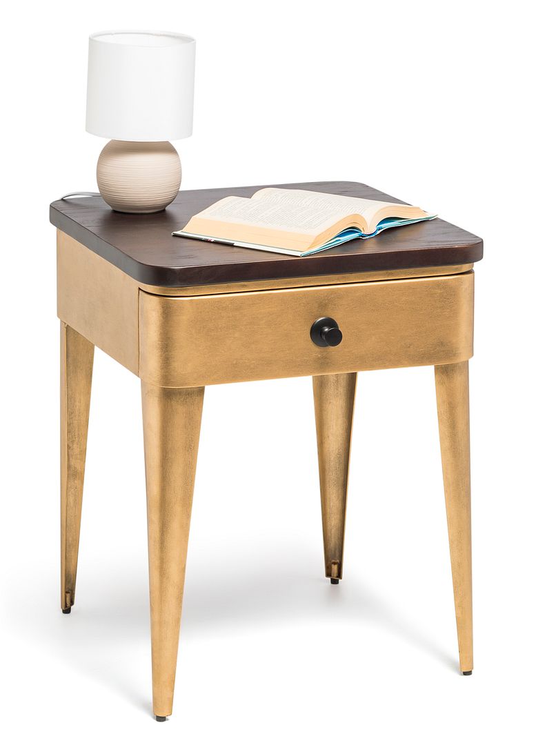 Bedside Table in Brass Finish with Storage Drawer and Wood Top