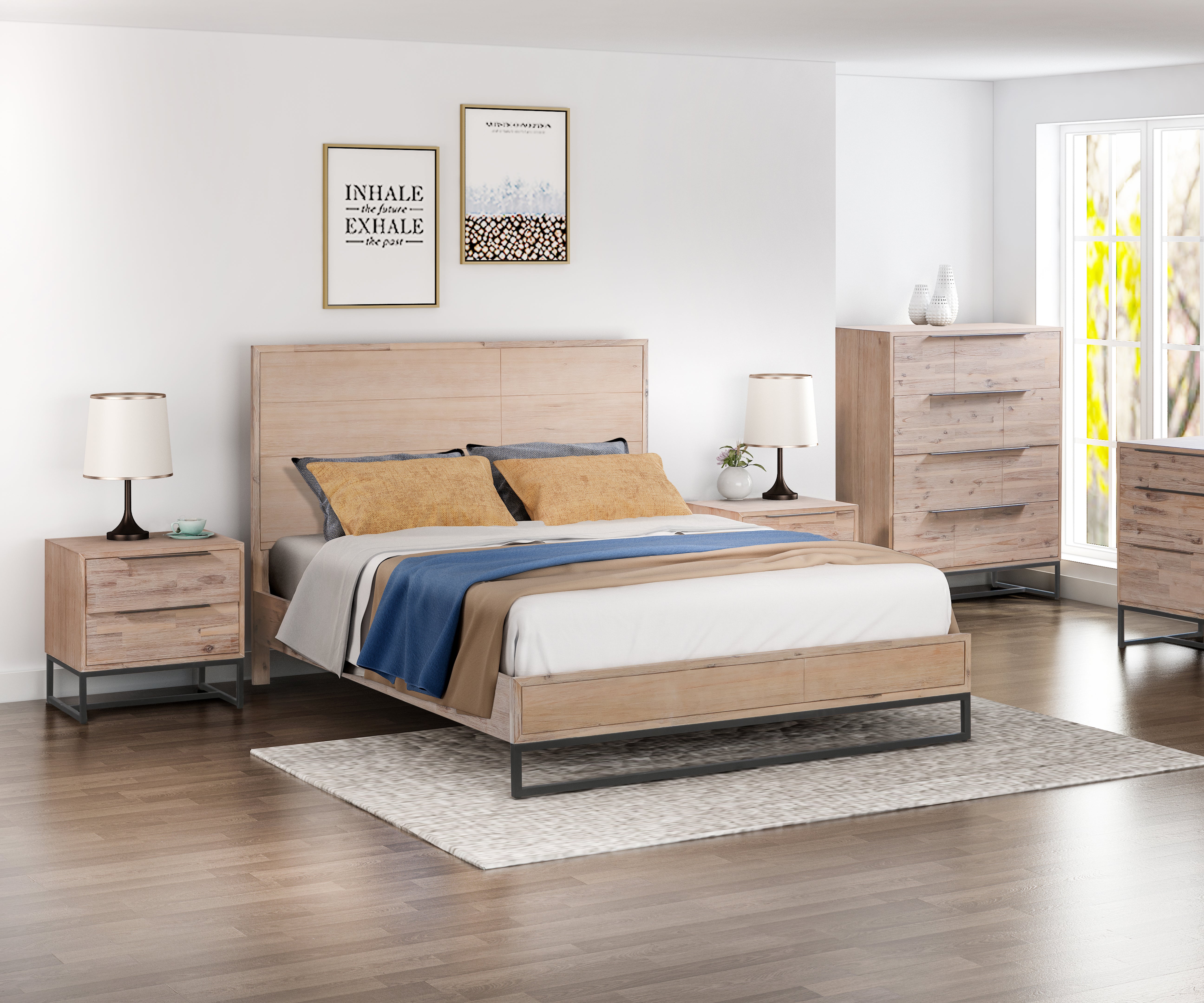 Queen Size 4 Pieces Bedroom Suite in Oak Colour 1XBed, 2X Bedside Tables & 1XTallboy