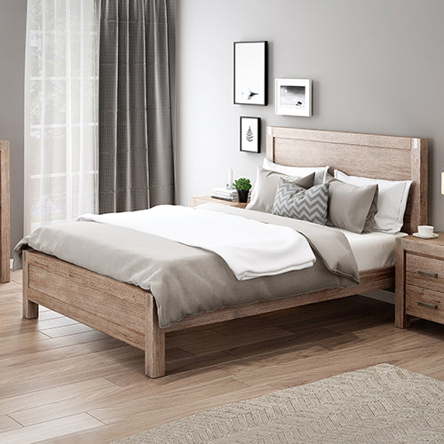 Queen Size Bed Frame  in Solid Wood Veneered Acacia Bedroom Timber Slat in Oak