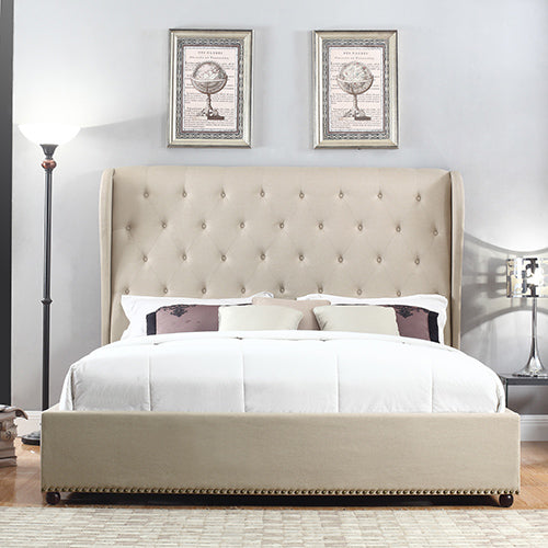 Out of Stock! Bed Frame Queen Size in Beige Fabric Upholstered French Provincial High Bedhead