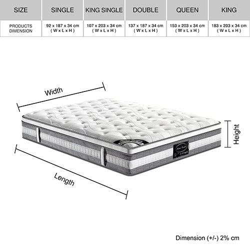 Double Size 34cm Thick MEDIUM FIRM Euro Top Pocket Spring Coil with Knitted Fabric Mattress