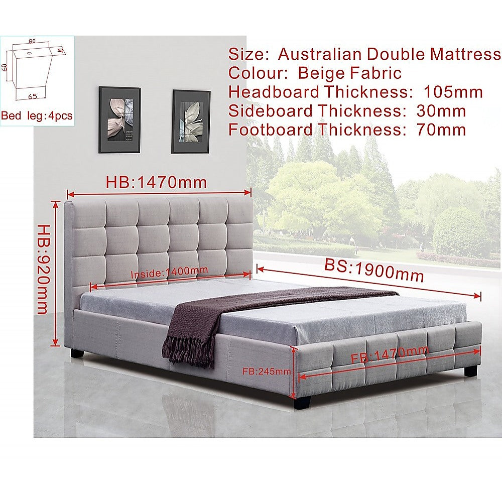 Out of Stock! Double Size Bed Frame With Headboard Linen Fabric - Beige