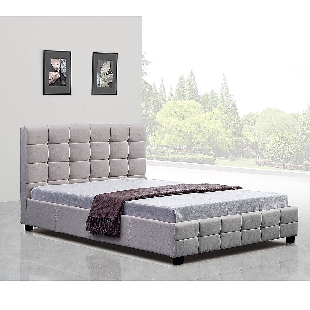 Out of Stock! Double Size Bed Frame With Headboard Linen Fabric - Beige