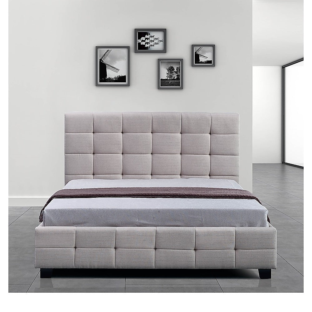 Out of Stock! Double Size Bed Frame With Headboard Linen Fabric - Beige