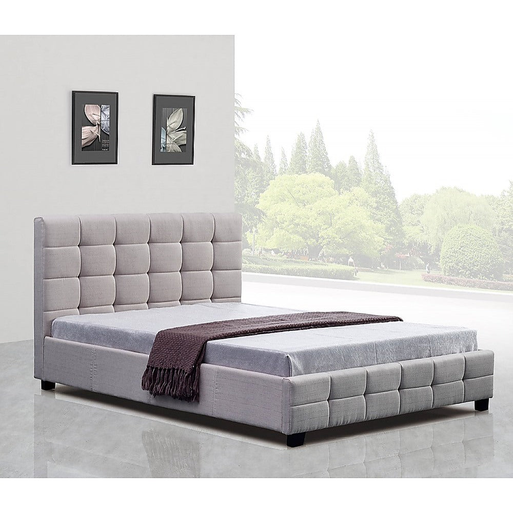 Out of Stock! Queen Size Bed Frame With Headboard Linen Fabric - Beige