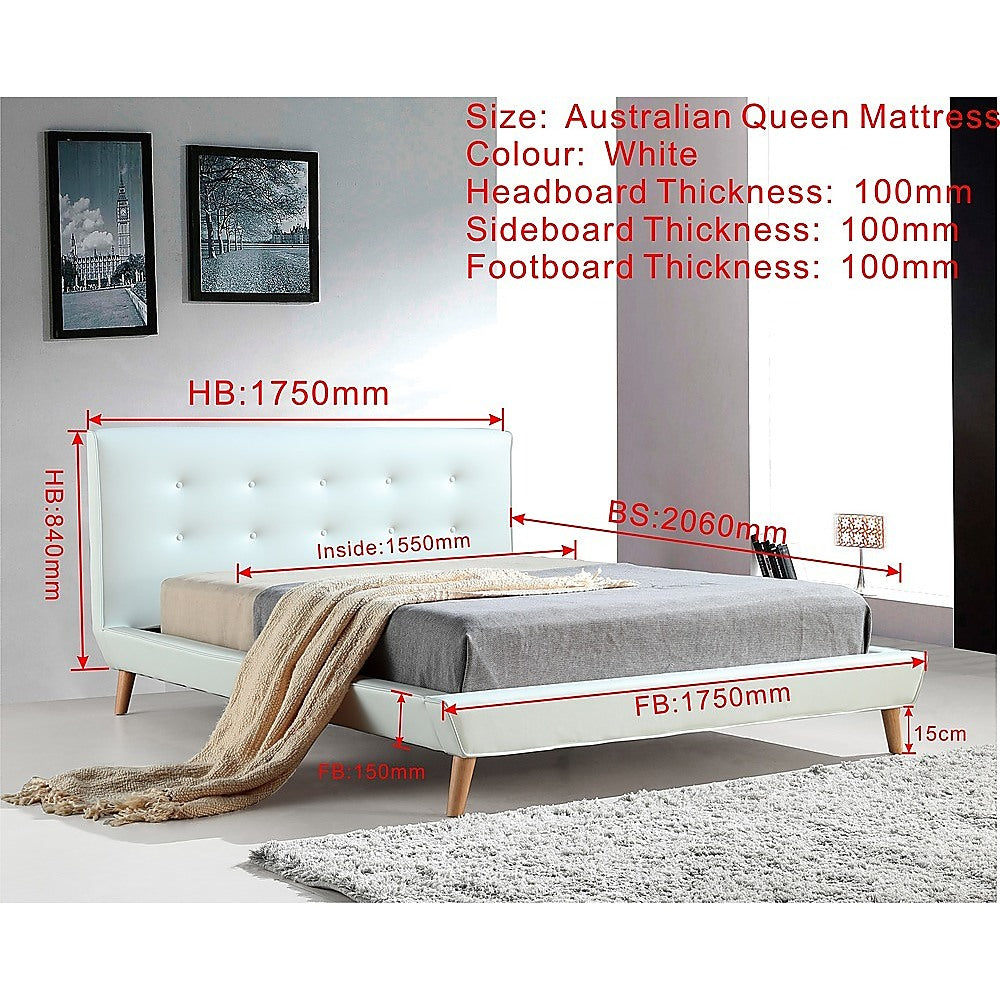 Out of Stock! Queen Size Bed Frame with Button Tufted Headboard - White