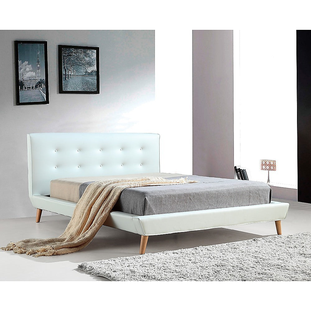 Out of Stock! Queen Size Bed Frame with Button Tufted Headboard - White