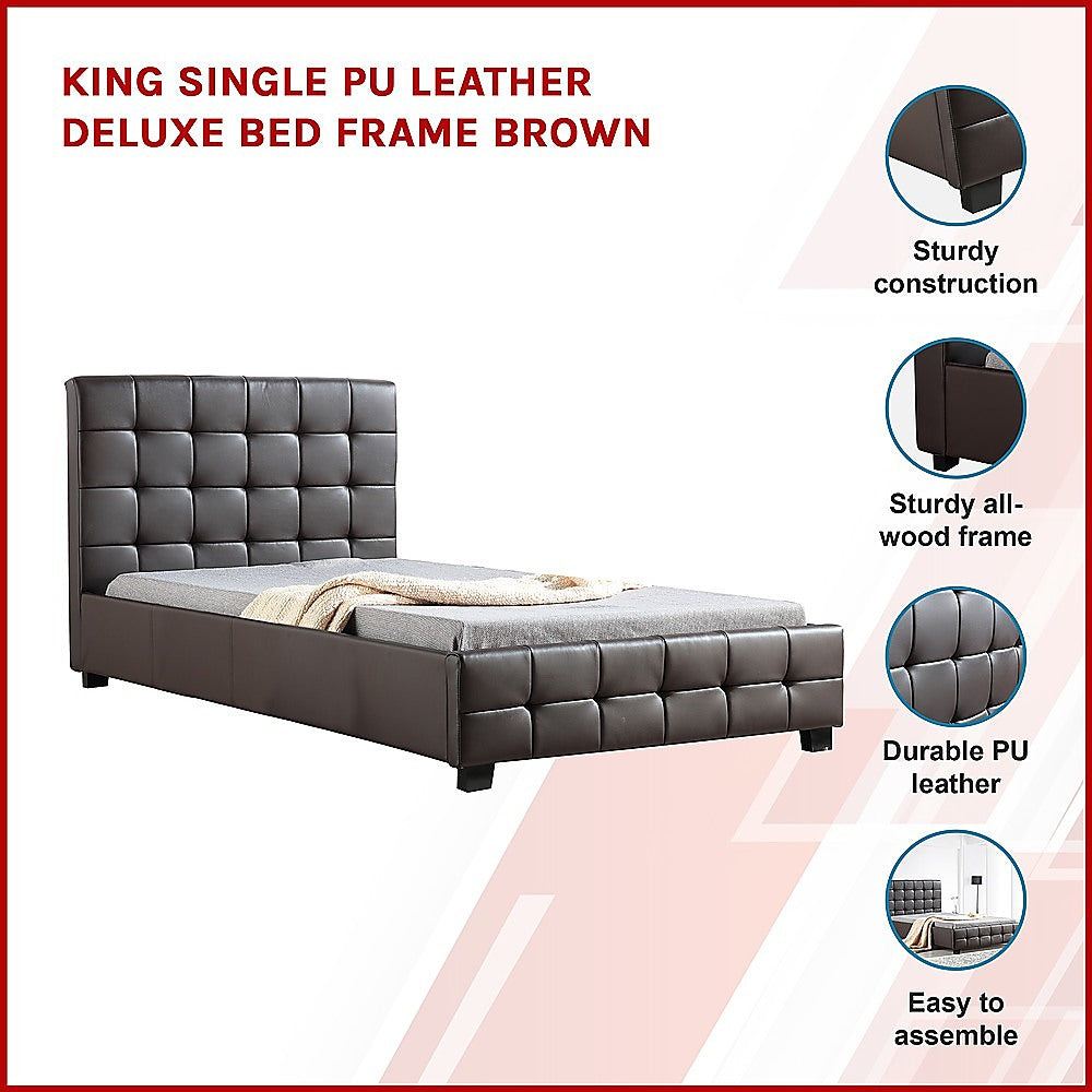 Out of Stock! King Single Deluxe Bed Frame  PU Leather Brown
