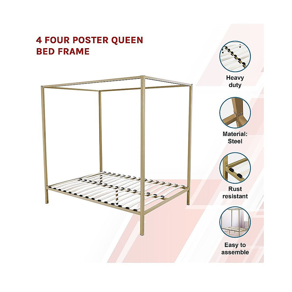Queen Size Four Poster Bed Frame - Gold