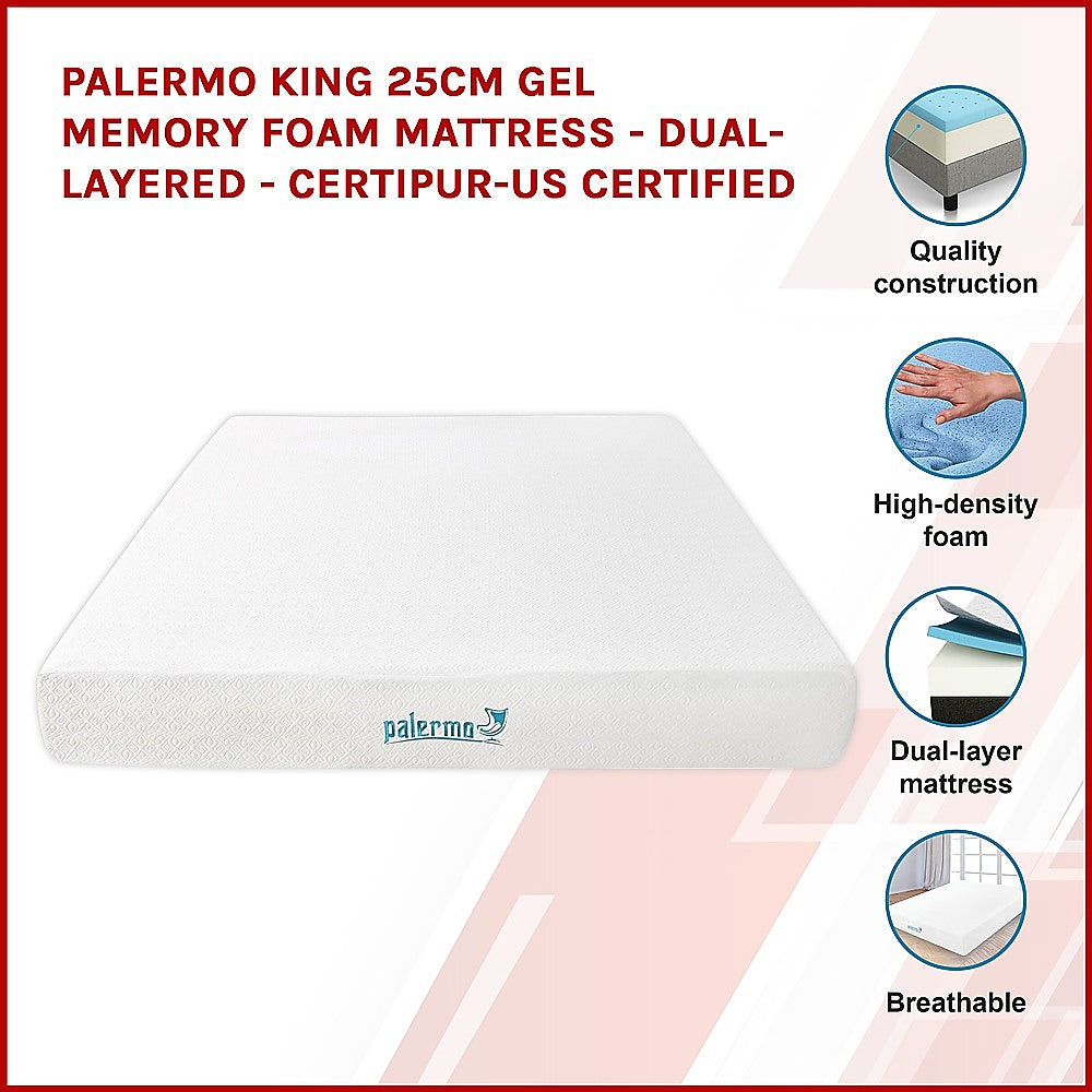 Out of Stock! King Size 25cm Thick Palermo Gel Memory Foam Dual-Layered - CertiPUR-US CertifiedMattress -