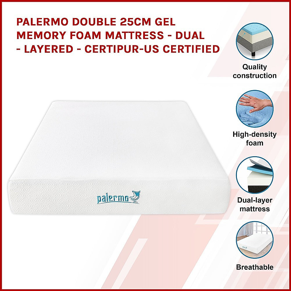 Out of Stock! Double Size 25cm Thick Palermo Gel Memory Foam Mattress - Dual-Layered - CertiPUR-US Certified