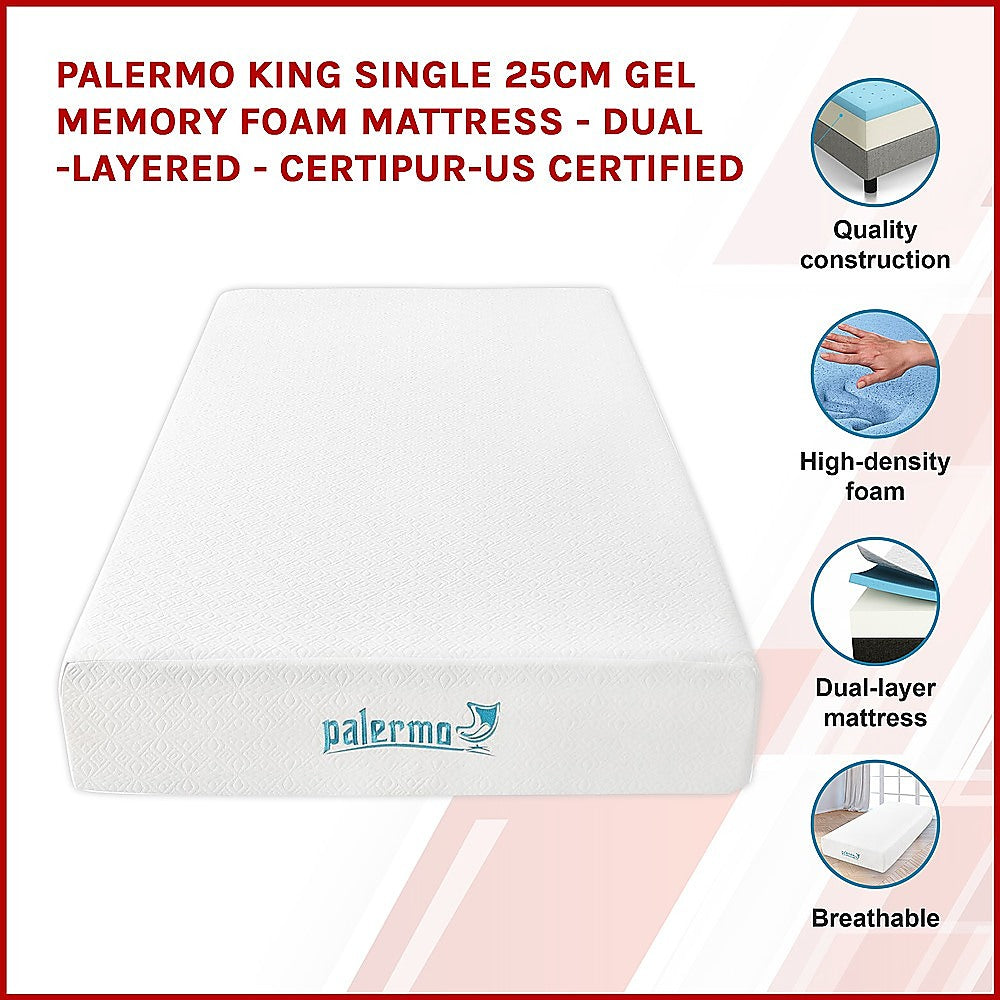 Out of Stock! King Single Size 25cm Thick Palermo Gel Memory Foam Mattress - Dual-Layered - CertiPUR-US Certified