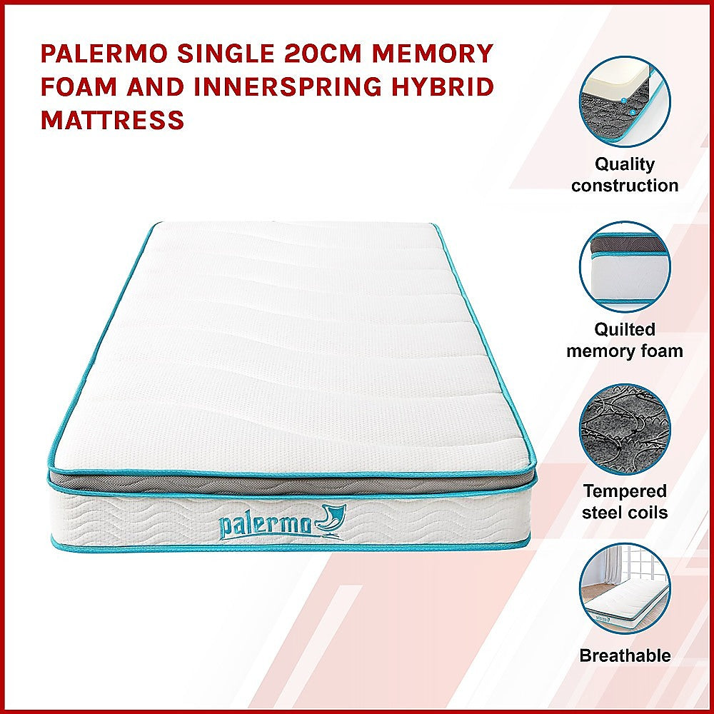 Out of Stock! Single Size 20cm Thick Palermo Memory Foam and Innerspring Hybrid Mattress