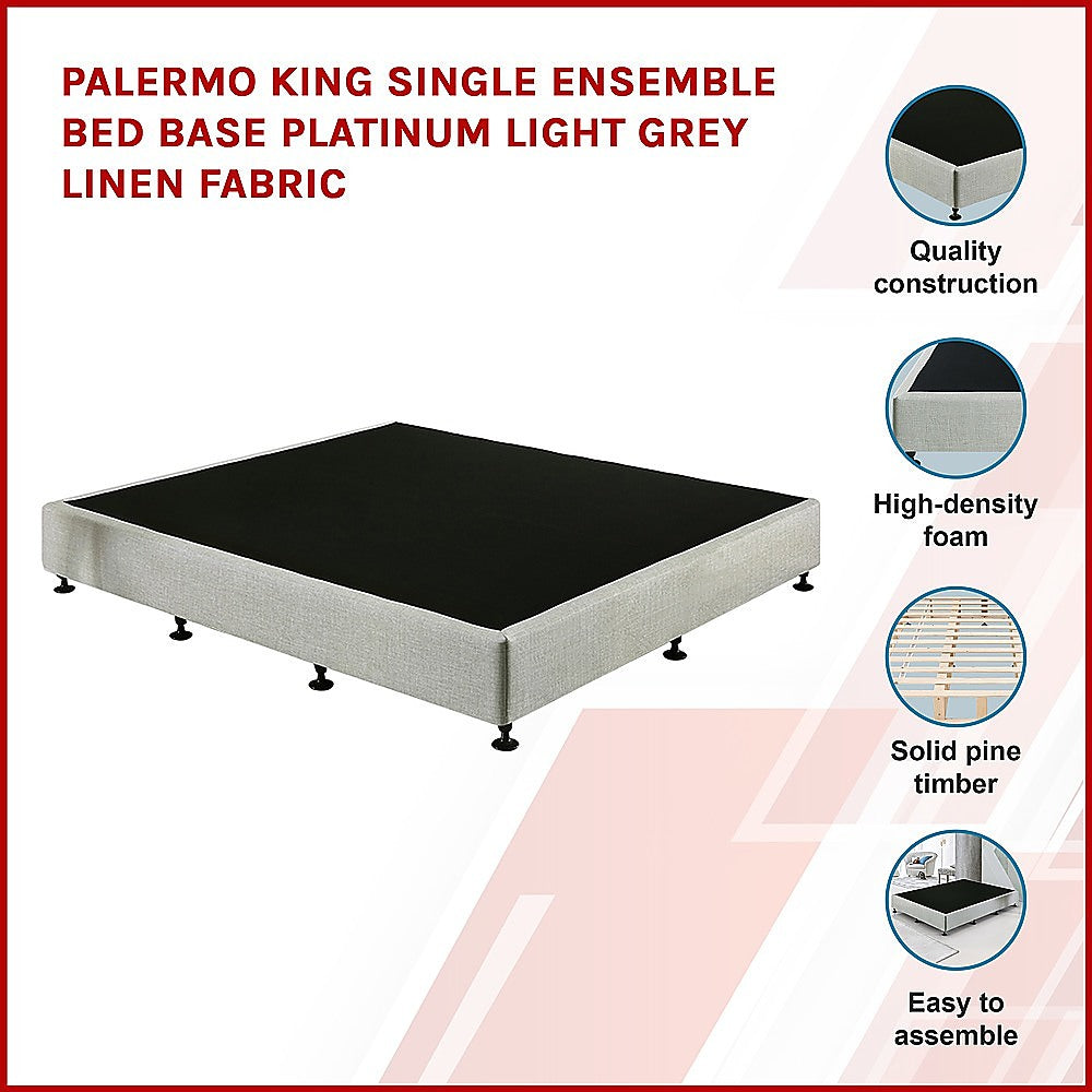 Out of Stock! King Single Ensemble Bed Base Platinum Light Grey Linen Fabric