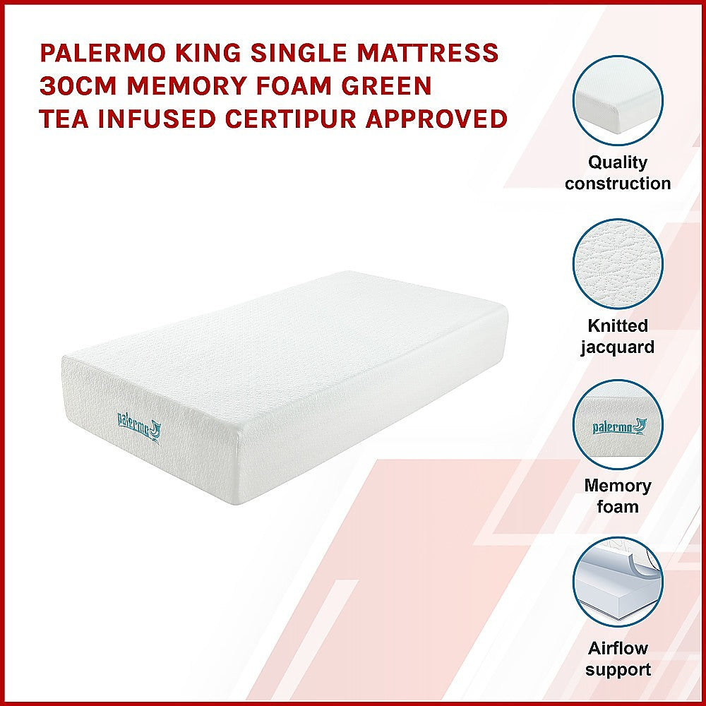 Out of stock! King Single Size 30cm Thick Palermo Memory Foam Green Tea Infused Mattress CertiPUR Approved