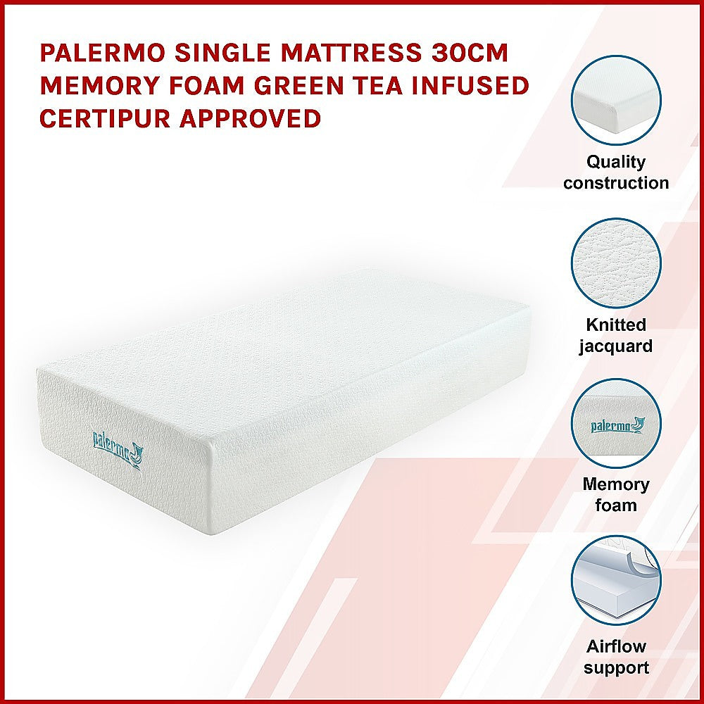 Out of Stock, sorry! Single Size 30cm Thick Palermo Memory Foam Green Tea Infused Mattress CertiPUR Approved
