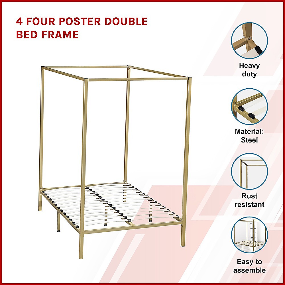 Double Size Bed Frame Four Poster - Gold
