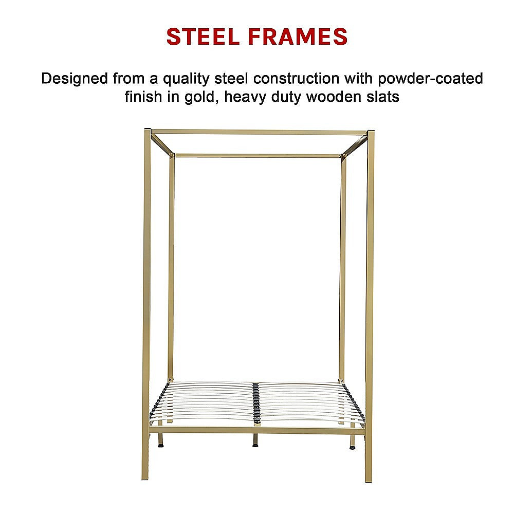 Double Size Bed Frame Four Poster - Gold
