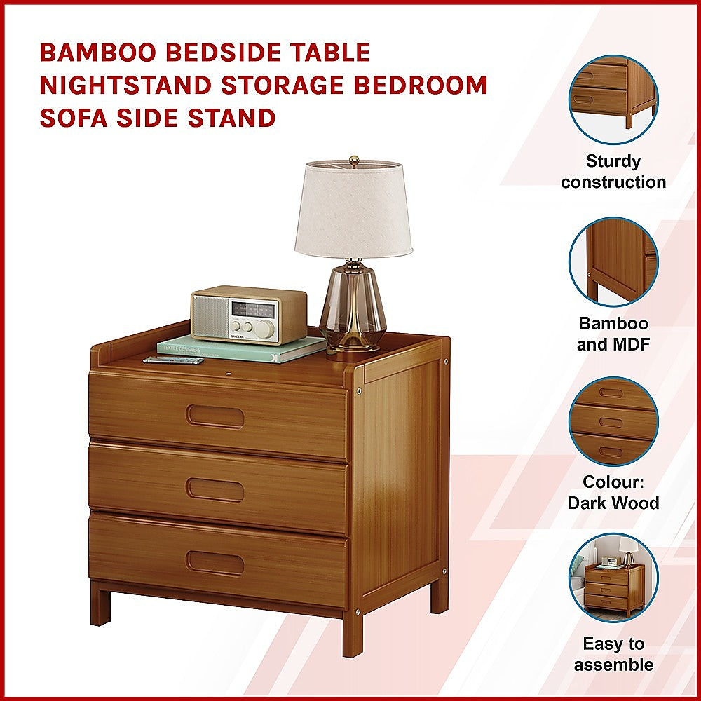 Bedside Table With Three Drawers - Dark Bamboo