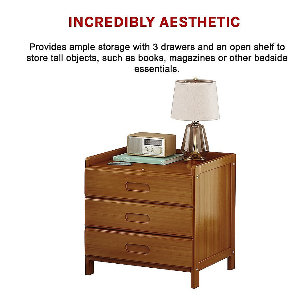 Bedside Table With Three Drawers - Dark Bamboo