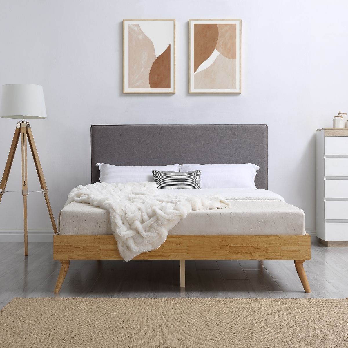 Out of Stock! Queen Size Bed Frame With Fabric Headboard Natural Oak Ensemble  Wooden Slat