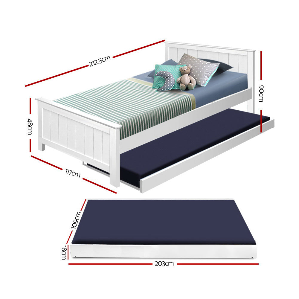 King Single Size Bed With Trundle - White