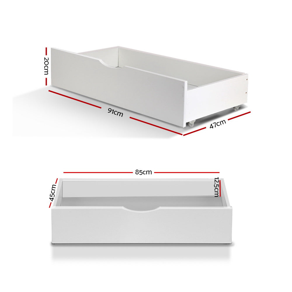 Set of Two Timber Trundle Storage Drawers in White