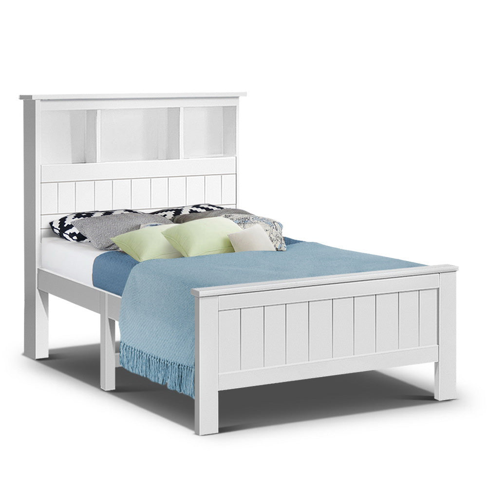 King Single White Wood Bed Frame With Shelving
