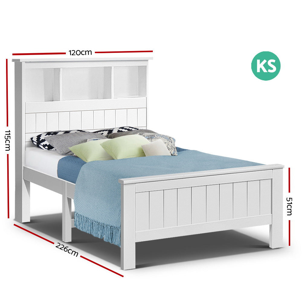 King Single White Wood Bed Frame With Shelving
