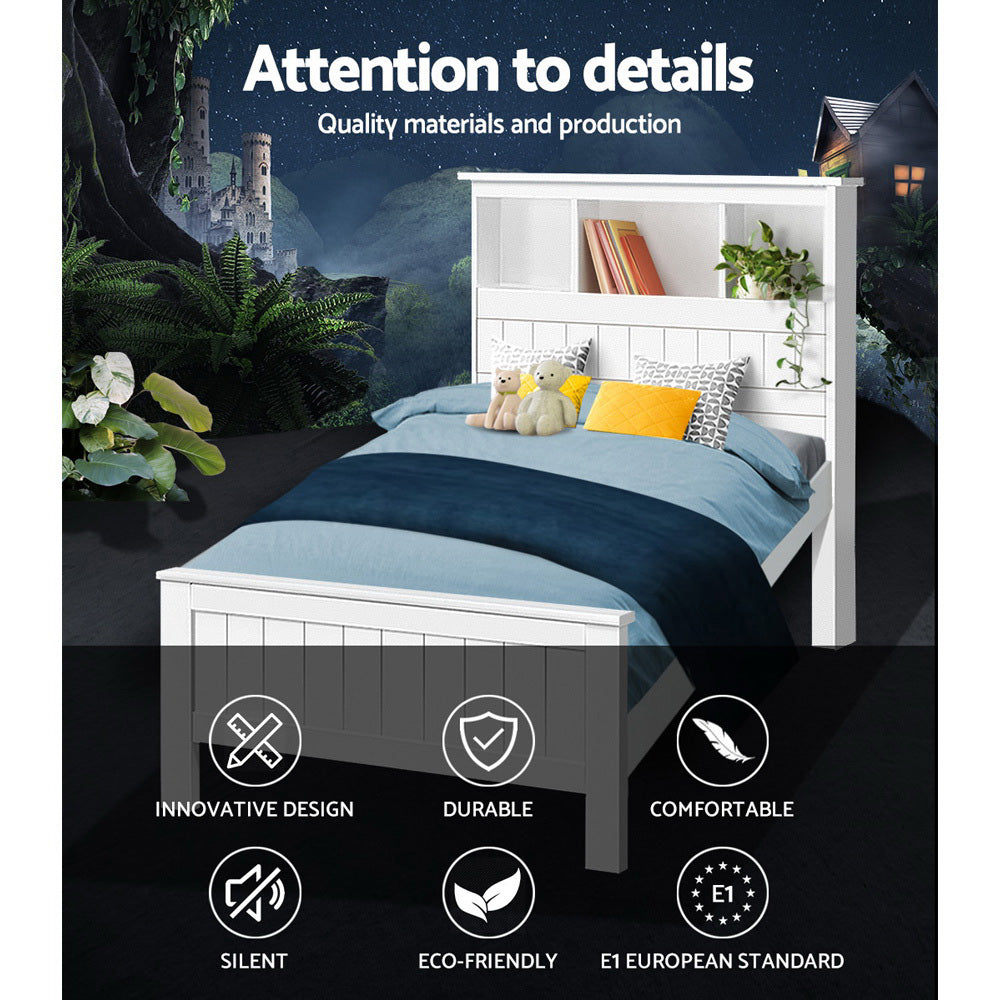 King Single White Wood Bed Frame With Shelving