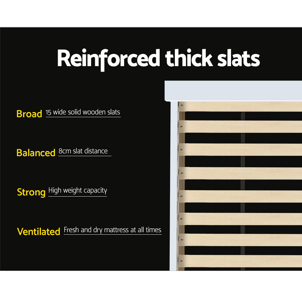 King Single White Wood Bed Frame With Shelving