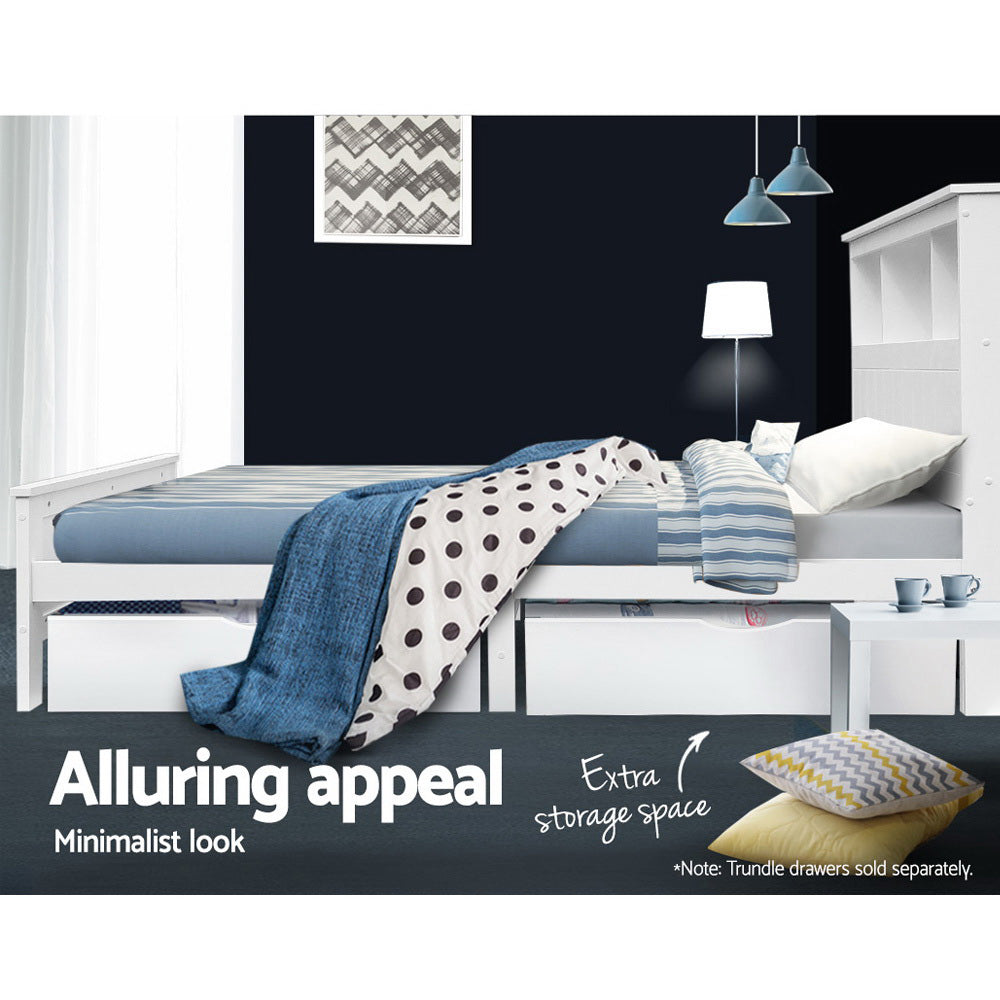 King Single White Wood Bed Frame With Shelving