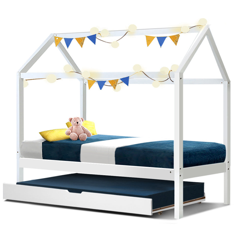 Back In Stock! Single Size Bed Frame House Design With Trundle - White