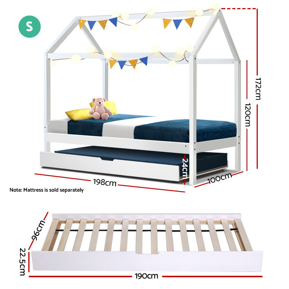 Single Size Bed Frame House Design With Trundle - White