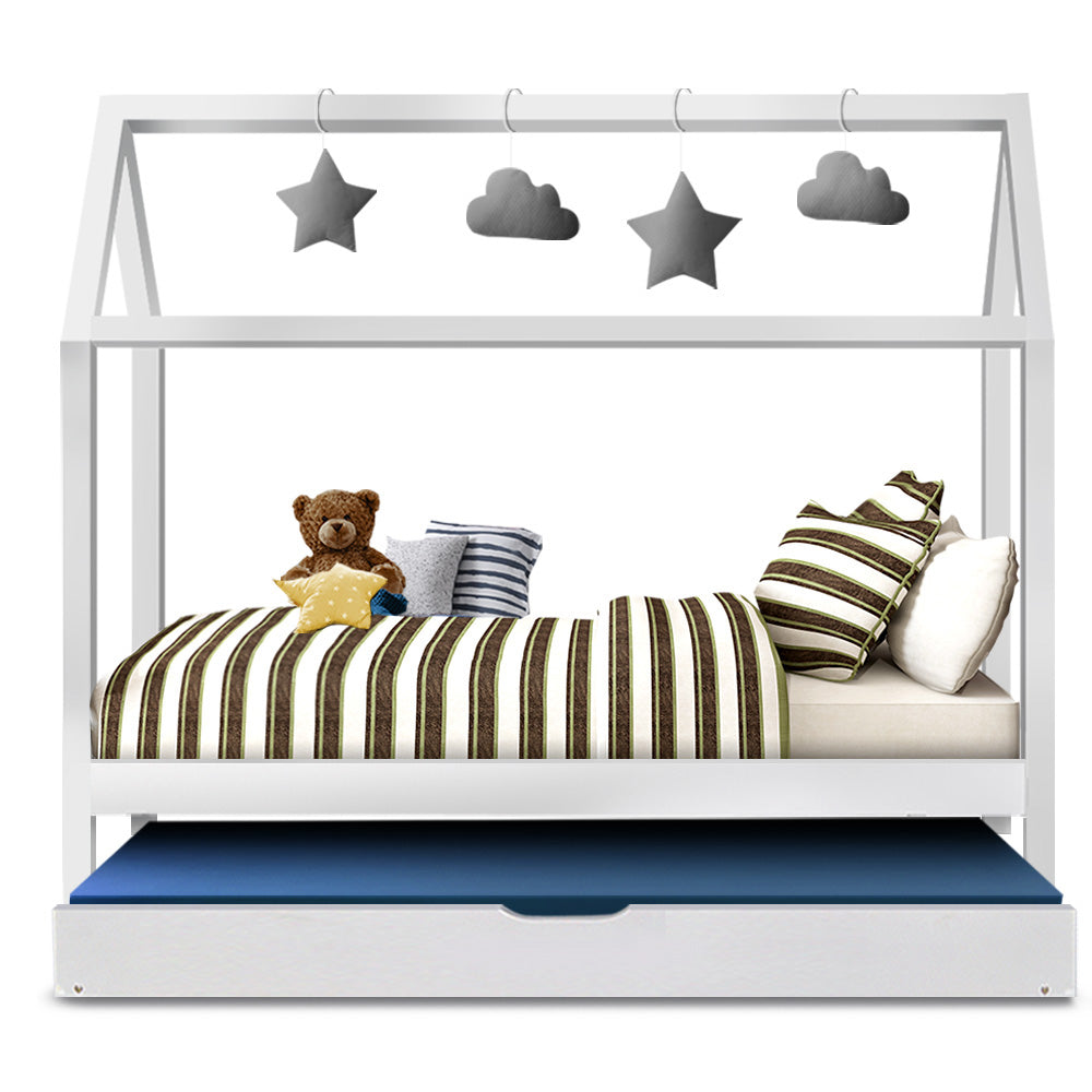 Single Size Bed Frame House Design With Trundle - White