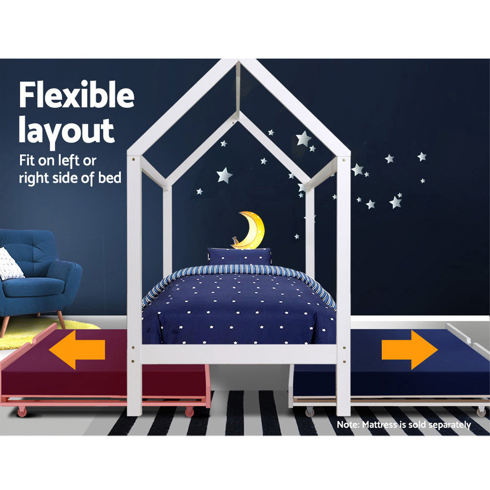 Single Size Bed Frame House Design With Trundle - White
