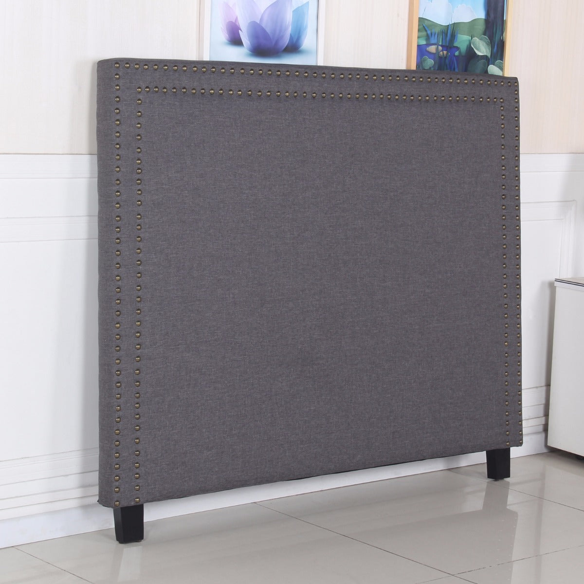 Queen Size Bed Head/Headboard - Charcoal Fabric With Studded Buttons