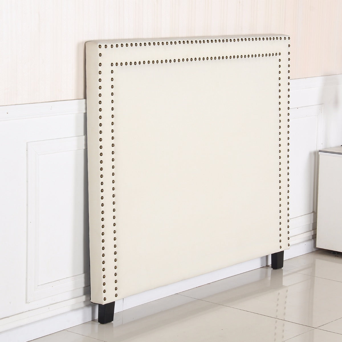 Queen Size Bed Head/Headboard - White Fabric With Studded Buttons