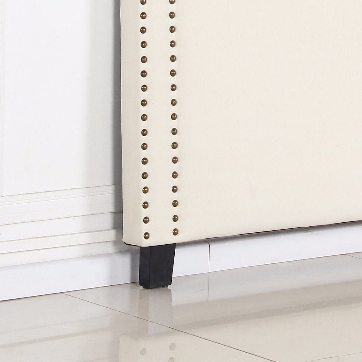 Queen Size Bed Head/Headboard - White Fabric With Studded Buttons