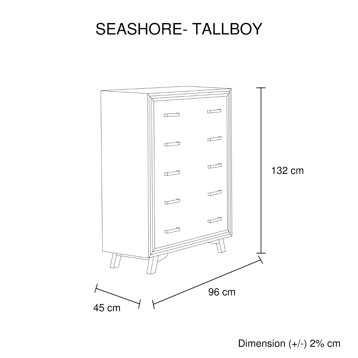 No Assembly Required! Tallboy with 5 Storage Drawers Solid Acacia Wooden Frame in Silver Brush Colour
